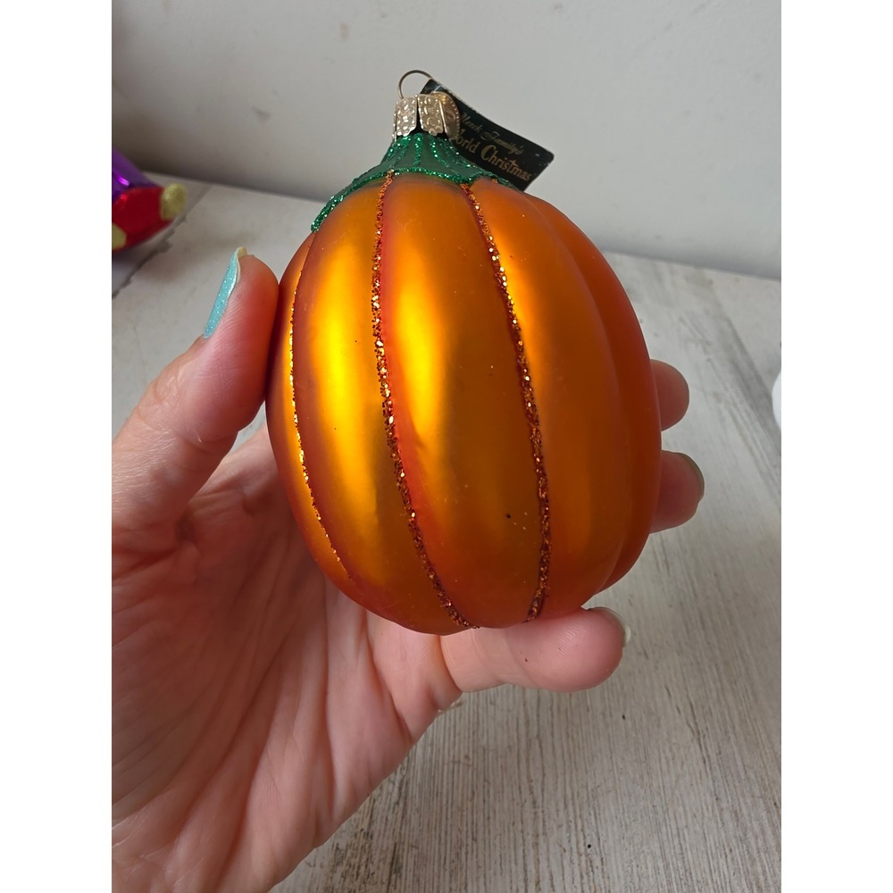 Vintage OWC old world jack-o'-lantern pumpkin glitter orange Halloween ornament - Picture 3 of 7